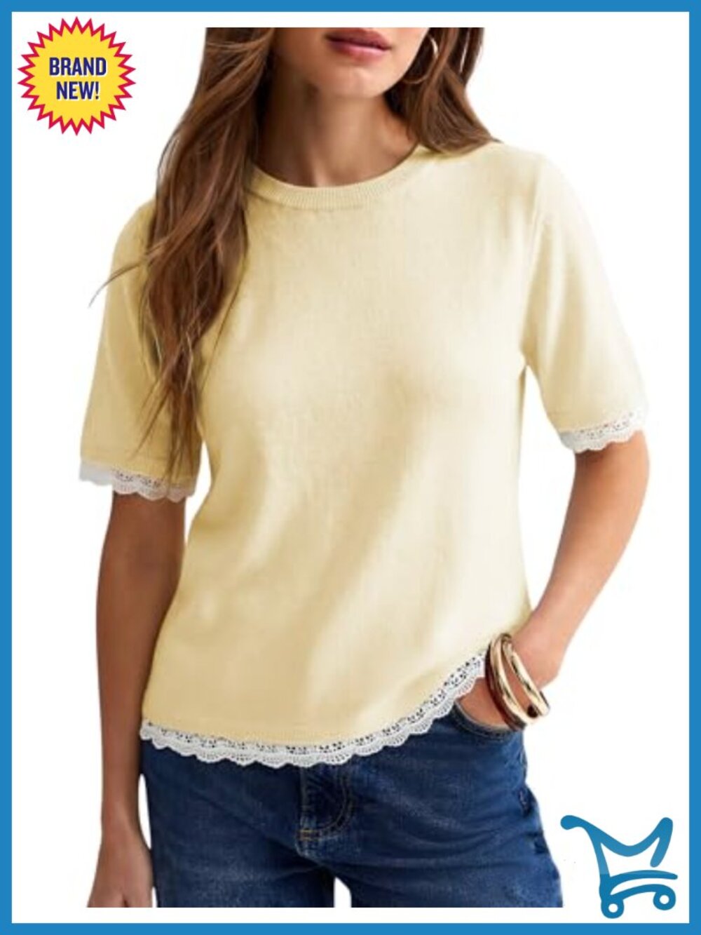 Short Sleeve Crew Neck Lace Trim Knit Pullover Sweater Summer Outfits